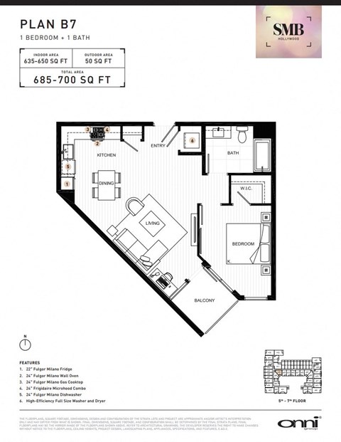 Floor plan for 1 bed, 1 bath, 635 sqft